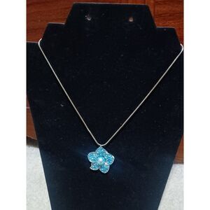 Silver-Toned Blue Rhinestone Flower Pendant, 16"